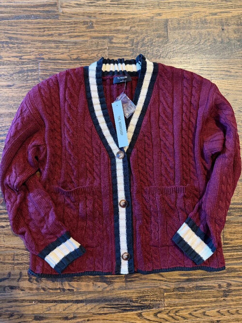 NWT The Workshop Burgundy Varsity Striped Cable Knit Cardigan Sweater Small